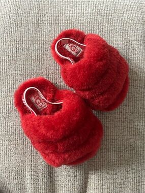 UGG Kids Red Fluffy Slide Slippers